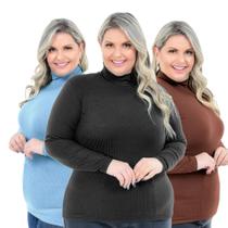 Blusa Gola Alta Manga Longa Canelada Plus Size Moda Inverno
