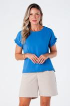 Blusa Gola Redonda com Elástico na Manga Crepe Carolina Azul Blusa Gola Redonda com Elástico na Manga Crepe Carolina Azul