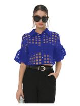 Blusa GORGLITTER de manga folhada transparente em malha azul xadrez para mulheres