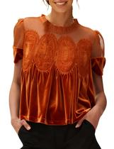 Blusa Gozoloma feminina de veludo de renda marrom tamanho L Blusa Gozoloma feminina de veludo de renda marrom tamanho L