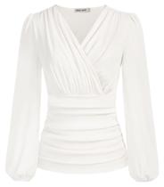 Blusa GRACE KARIN, manga comprida, franzida, decote em V, branca, XXL