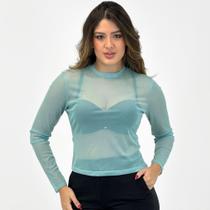 Blusa Gris em Tule Gola Redonda Feminina