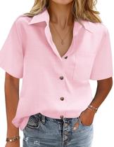 Blusa HOTOUCH de linho com botões e manga curta para mulheres Blusa HOTOUCH de linho com botões e manga curta para mulheres