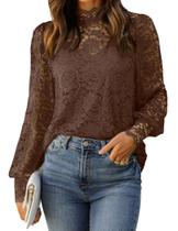 Blusa HOTOUCH de renda de manga comprida transparente, manga fofa, marrom Blusa HOTOUCH de renda de manga comprida transparente, manga fofa, marrom