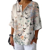 Blusa HOTYD Boho com estampa floral com decote em V e manga comprida para mulheres Blusa HOTYD Boho com estampa floral com decote em V e manga comprida para mulheres