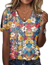 Blusa HOTYD Boho com estampa floral feminina de manga curta e decote em V