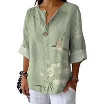 Blusa HOTYD Boho Floral com botão em V e manga comprida feminina