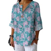 Blusa HOTYD Boho Floral com botão em V e manga comprida feminina