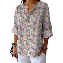 Blusa HOTYD Boho Floral de manga comprida com decote em V para mulheres rosa M