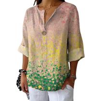 Blusa HOTYD com estampa floral com decote em V e manga comprida para mulheres Blusa HOTYD com estampa floral com decote em V e manga comprida para mulheres