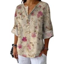 Blusa HOTYD com estampa floral com decote em V e manga comprida para mulheres Blusa HOTYD com estampa floral com decote em V e manga comprida para mulheres