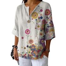 Blusa HOTYD com estampa floral com decote em V e manga comprida para mulheres Blusa HOTYD com estampa floral com decote em V e manga comprida para mulheres