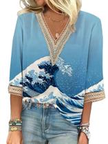 Blusa HOTYD de renda com decote em V boho com estampa floral azul para mulheres Blusa HOTYD de renda com decote em V boho com estampa floral azul para mulheres