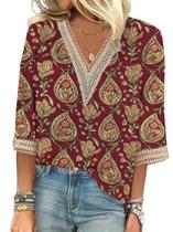 Blusa HOTYD de renda com decote em V boho de manga curta para mulheres vermelha S