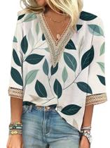 Blusa HOTYD de renda com decote em V, boho, estampa floral, manga 3/4, verde, 2GG