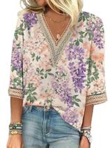 Blusa HOTYD de renda com decote em V, boho, estampa floral, roxa M para mulheres Blusa HOTYD de renda com decote em V, boho, estampa floral, roxa M para mulheres