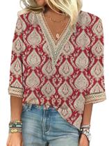 Blusa HOTYD de renda com decote em V com estampa floral boho e manga 3/4 para mulheres Blusa HOTYD de renda com decote em V com estampa floral boho e manga 3/4 para mulheres