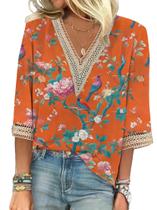 Blusa HOTYD de renda com decote em V com estampa floral boho para mulheres laranja 2GG