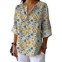 Blusa HOTYD Floral Boho com decote em V e manga comprida para mulheres 2025
