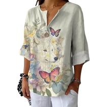 Blusa HOTYD floral de manga comprida para mulheres com decote em V, botão 2GG