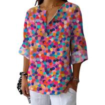 Blusa HOTYD floral de manga comprida para mulheres com decote em V multicolor M Blusa HOTYD floral de manga comprida para mulheres com decote em V multicolor M