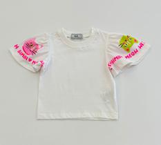 Blusa Infantil Bimbi Branca com Mangas Bufantes Gatinhos Neon Blusa Infantil Bimbi Branca com Mangas Bufantes Gatinhos Neon