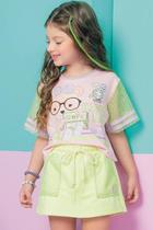 Blusa Infantil Boxy em Meia Malha Ursinha Happy Day e Manga em Tela - Kukie Blusa Infantil Boxy em Meia Malha Ursinha Happy Day e Manga em Tela - Kukie