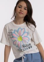 Blusa Infantil Cropped Estampa Flor com Brilho e Bordado de Paetê