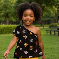 Blusa Infantil de um Ombro só Preta com Estampa de Gatinhos