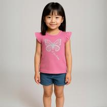 Blusa Infantil Femina Malha Ribana Leve Borboleta Pink