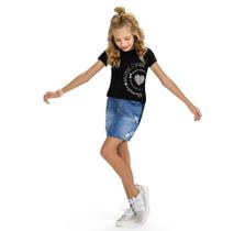 Blusa Infantil Feminino Cropped Manga Curta Preto Kyly