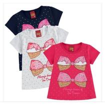 Blusa Infantil Feminino em Meia Malha Manga Curta Laço Sorvete Kyly