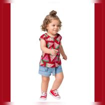 Blusa Infantil Feminino em Meia Malha Manga Curta Melancia Kyly