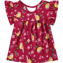 Blusa Infantil Feminino em Meia Malha Manga Curta Passarinhos Kyly