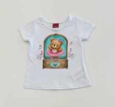 Blusa Infantil Kyly Branca Ursinha Bailarina Estampa Lúdica Premium Verão