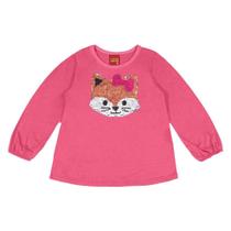 Blusa Infantil Kyly Manga Longa Meia Malha Gatinho Lantejoula Menina