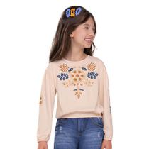 Blusa Infantil Manga Longa Bege Whey Estampa Flores Nanai Tamanho:14 anos