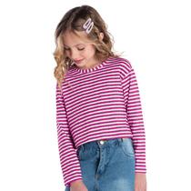 Blusa Infantil Manga Longa Cropped Malha Piquet Listrada Branca e Pink Kyly