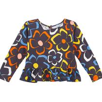 Blusa Infantil Manga Longa Malha Floral Rabisco Preto Fábula