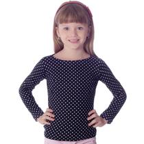 Blusa Infantil Manga Longa Poá Preta de Bolinhas Brancas Decote Canoa - FicaLinda