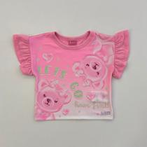 Blusa Infantil Menina Cinti Rosa Ursinho com Strass Verão Moda Kids 12639