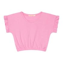 Blusa Infantil Menina Manga Curta Básica Em Cotton Com Elástico - Rosa Bebê