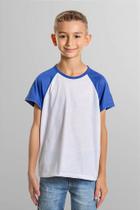 Blusa Infantil Raglan Branca com Manga Azul 100% Poliéster - Tamanho Variado