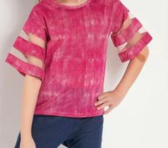 Blusa Infantil Rosa Mesclada com Tule nas Mangas - 10