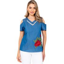 Blusa jeans ciganinha com flor estampada