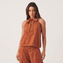 Blusa Jeans Color Leve Cava Americana E Laço Marrom Terroso