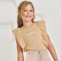 Blusa Juvenil Menina Boxy Over em Algodão com Babados Bege - Lilimoon