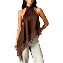 Blusa KMBANGI Satin Halter Y2K, gola simulada, acabamento em renda, marrom, feminina