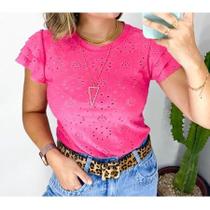 Blusa laise gola rasa manga curta babado moda feminina