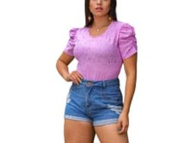 Blusa laise gola rasa manga curta bufante tendência